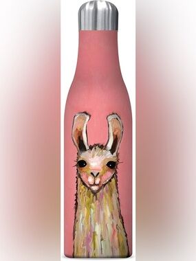 Studio Round Grip Water Bottle with Lama motif and Coral and Yellow Swirl